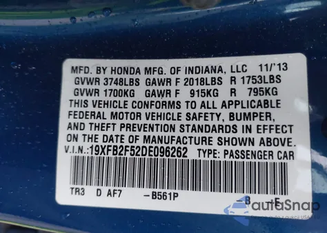 2013 Honda Civic Lx z USA, uszkodzony, nr VIN 19XFB2F52DE096262